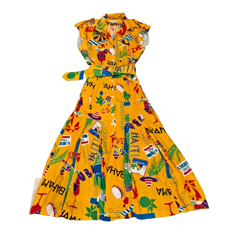 Vintage 1980s Karen Alexander Caribbean Print Belted Midi Dress Tropical Size 10